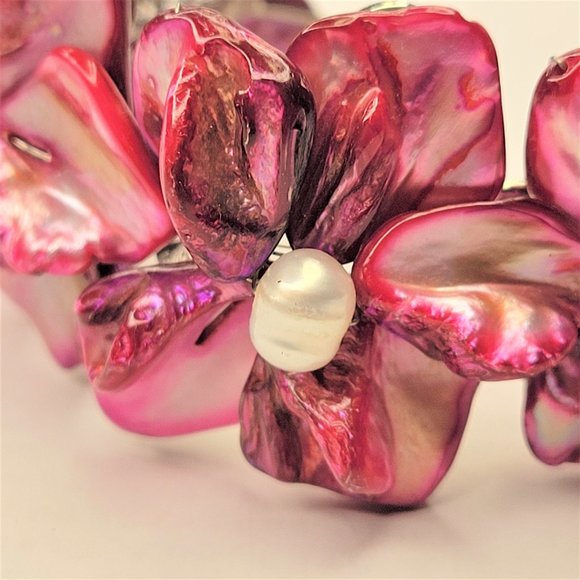 Purple Adjustable Cuff Bracelet with Pearl and Mother Of Pearl Shell Bangle -NEW - Picture 2 of 11